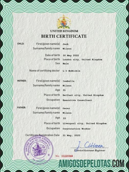 Em branco modelo PSD de certidão de nascimento do Reino Unido